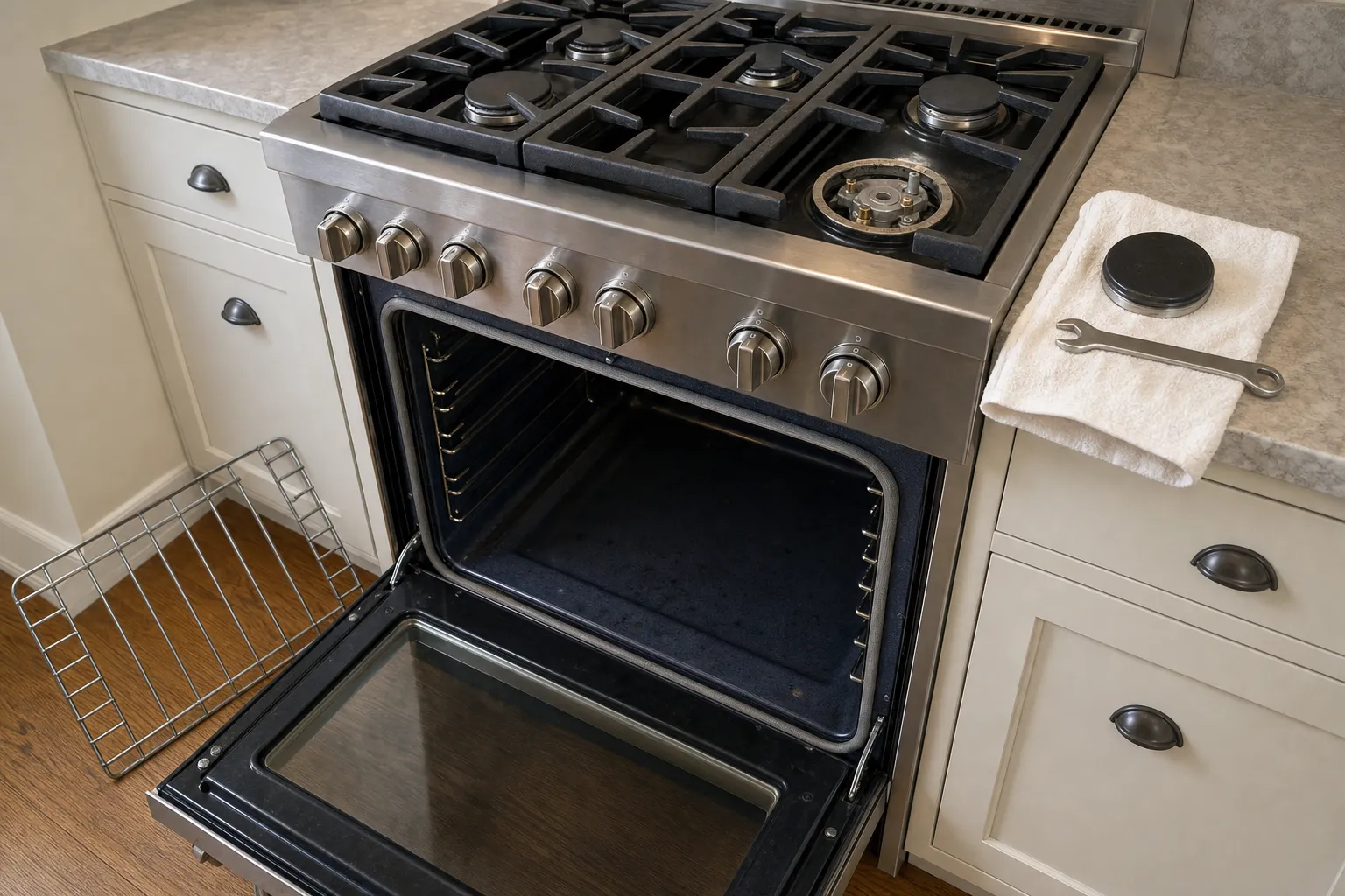 Pro range in a cream shaker kitchen with a burner cap and wrench resting on a folded towel