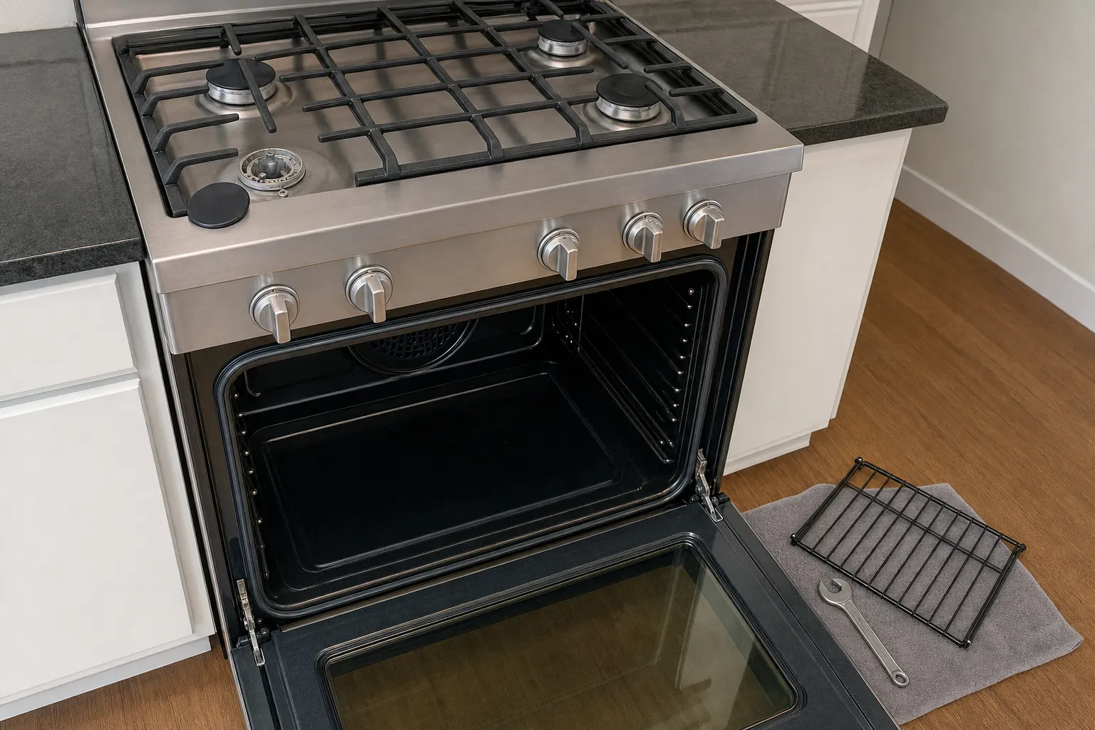 Six-burner stainless range in a cream kitchen with the oven cavity open and a rack removed