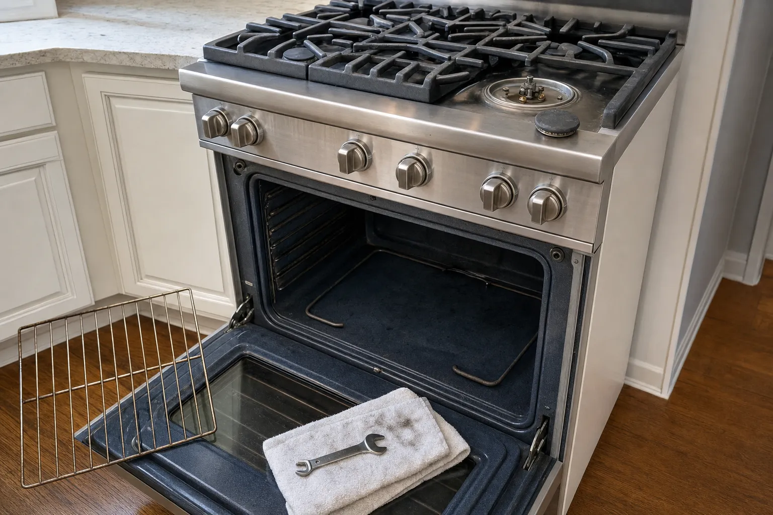 Stainless range in a bright white kitchen with the oven door lowered and an oven rack on the floor