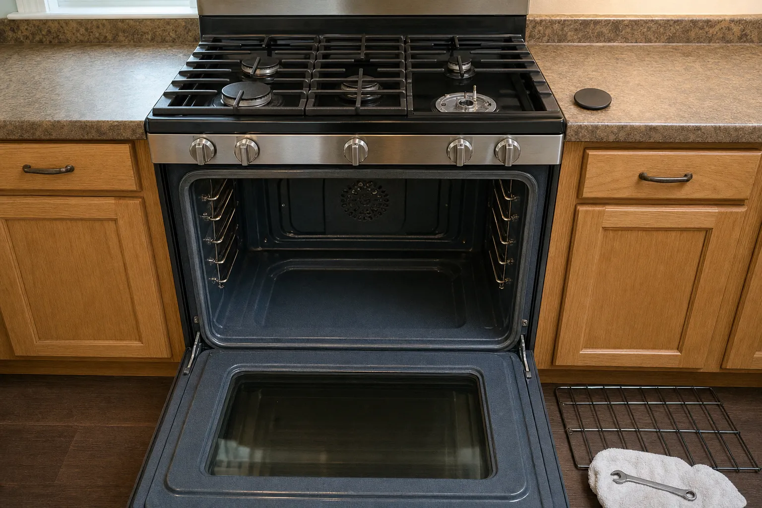 Gas range seen head-on between oak cabinets, the oven open to its convection fan cover, a rack and a wrench on the floor