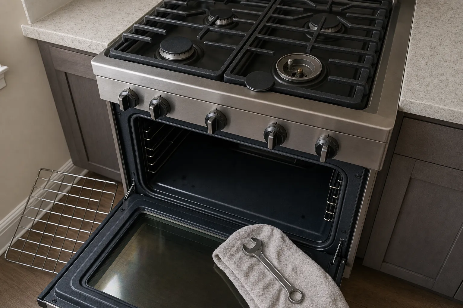 Gas range with dark knobs between grey cabinets, one burner uncapped, the oven open and a wrench on a towel across the door